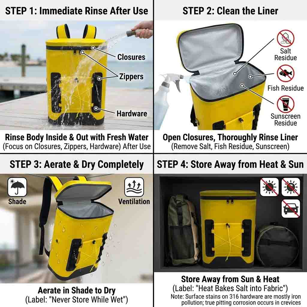 after-boating care routine for a marine cooler backpack: freshwater rinse, liner wash, full dry, cool storage after-boating care routine for a marine cooler backpack: freshwater rinse, liner wash, full dry, cool storage